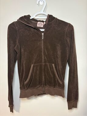 Y2K Juicy Couture Brown Terry Cloth Zip Up, Pink Heart Logo Back Detailing